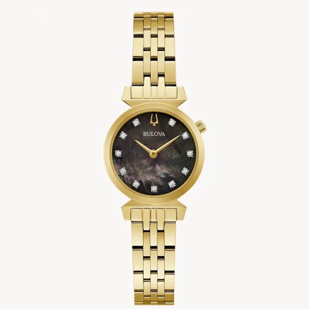 NWT Bulova Gold-Tone Bracelet Watch with Black Mother-of-Pearl Dial